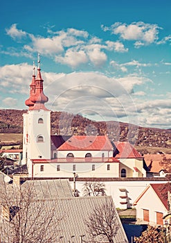 Roman catholic church in Divin village, Slovakia, red filter