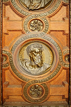 Roman catholic church. Door of the Saint Stephen Basilica - landmark attraction in Budapest, Hungary.