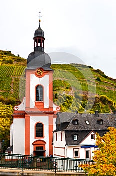 Roman Catholic Church in Zell, Germany. Picturesque village in famous Mosel wine region in the fall season. Autumn vineyards and