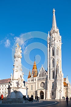 Roman Catholic Matthias Church and Holy Trinity plaque column at Fisherman`s Bastion in Budapest, Hungary, Europe