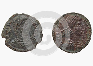 Roman coins dating back to the IV century, Constantius I, emperor from 305 to 306 and Constantinus, emperor from 306 to 337 -