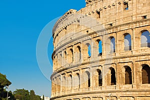 Roman Coliseum, summer view without people. Colosseum or Coliseum near the Forum Romanum in Rome. Italy