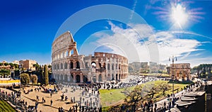 The Roman Colosseum Coloseum in Rome, Italy wide panoramic vie