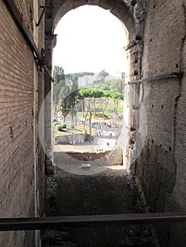 Roman Colosseum Partial view from one of the windows of the ancient amphitheater on a beautiful sunny day Rome Italy