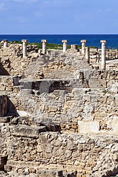 Roman Column architecture building ruins at the Kato Paphos Pafos Archaelogical Park in Cyprus