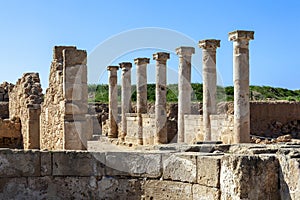 Roman Column ruins at the Paphos Archaelogical Park in Cyprus which is a popular tourist holiday travel