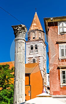 Roman column and Saint Simeon Church in Zadar, Croatia