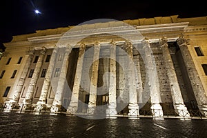Roman columns. Temple of Hadrian, Piazza di Pietra. Rome, Italy. Night
