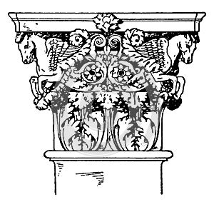 Roman-Corinthian Pilaster Capital, a leaf and floral design, vintage engraving