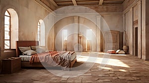 Roman Elegance Revived: Bedroom with Mosaic Floor and Pillared Grandeur