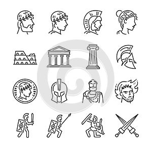 Roman empire line icon set. Included the icons as soldier, column, coliseum, sanctuary, emperor and more.