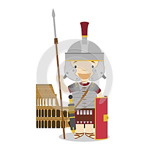 Roman Empire soldier cartoon character with The Colisseum. Vector Illustration.