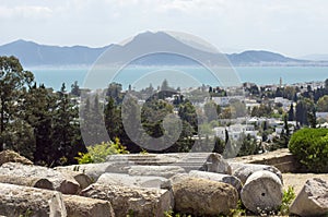 Roman era ruins and Gulf of Tunis viewed from Byrsa, Carthage, Tunisia