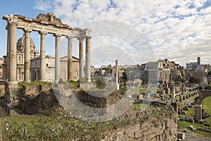 Roman Forum archaelogical site destination. Temples, churches, colosseum. Rome, Italy