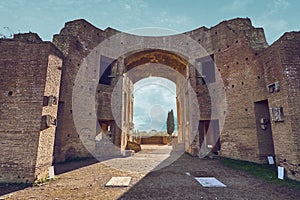 Roman Forum building in ruins at sunset