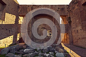 Roman Forum building in ruins at sunset