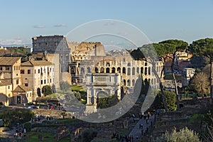 Roman forum with Colosseum on background , Rome, Italy