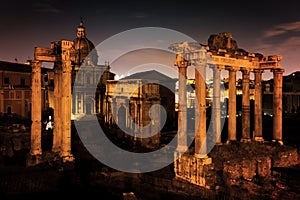 The Roman Forum, Italian Foro Romano in Rome, Italy at night.