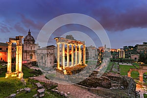Night view of Roman Forum in Rome, Italy