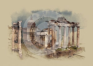 The Roman forum in Rome, Italy, watercolor sketch photo