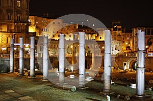 Roman forum ruins in night
