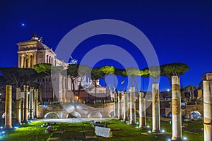 Roman Forum Ruins at Night. Ancient Government Buildings in the Center of Rome,