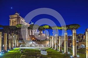 Roman Forum Ruins at Night. Ancient Government Buildings in the Center of Rome,