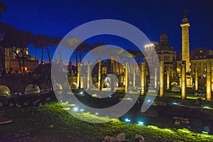 Roman Forum Ruins at Night. Ancient Government Buildings in the Center of Rome,