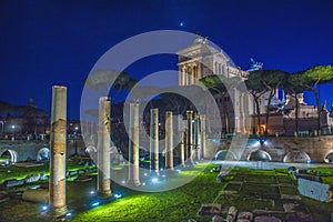 Roman Forum Ruins at Night. Ancient Government Buildings in the Center of Rome,