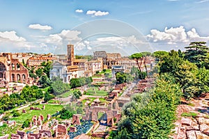 The Roman Forum, the Tower of the Militia and the Coliseum view