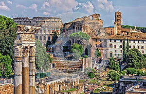 The Roman forum, view on the Coliseum, the Temple of Venus Genetrix Ruins, The Temple of Venus and Roma and the Tower of the Milit