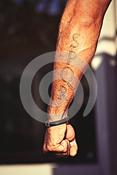 Roman gladiator tattoo. SPQR Rome. Italian man arm