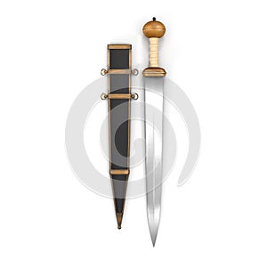 Roman Gladius Short Sword with Sheath on white. Top view. 3D illustration