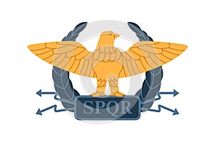 Roman gold eagle of Ancient military legion of Rome. Heraldic legionary symbol. Blazon with bird, wreath and SPQR. Flat