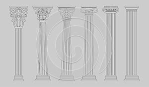 Roman, greek columns. Antique rome pillar, classic baroque temple, ancient doric architecture. Building facade with