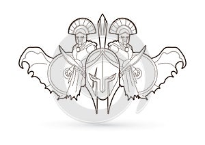 Roman or Greek Helmet , Spartan Helmet, and Angry Warrior composition graphic vector