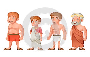 Roman greek old young strong fat toga loincloth characters set cartoon design vector illustration photo