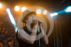 Roman Iagupov, Moldovian folk rock group Zdob si Zdub, sings at live concert in Nemyriv, Ukraine, 21.10.2017, editorial photo