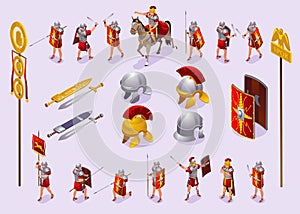 Roman Legionaries of Ancient Rome, weapons, signs and uniforms Set isometric icons on isolated background