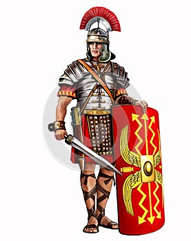 Roman legionary with a gladius sword and a scutum shield photo