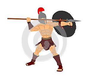 Roman legionary soldier in battle with shield and spear .