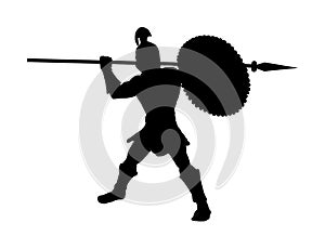 Roman legionary soldier in battle with shield and spear  silhouette. Strong Spartan warrior. Muscular Rome gladiator.