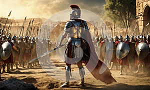 Roman male legionary legionaries wear helmet with crest, long sword and scutum shield, heavy infantryman, realistic soldier of