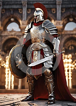 Roman male legionary, legionaries wear helmet with crest, long sword and scutum shield, heavy infantryman, realistic soldier of