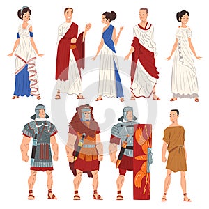 Roman Men and Women in Traditional Clothes Collection, Ancient Rome Citizens and Legionnaires Characters Vector