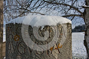 Roman milestone on the Via Claudia Augusta, an ancient Roman road  in Bavaria