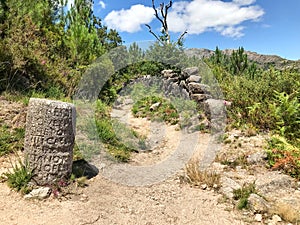 Roman milestones of the Geira Romana in Peneda Geres national park