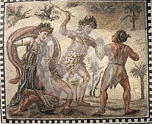Roman mosaic with warriors fighting