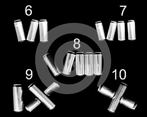 Roman numeral 6 7 8 9 10. Made of aluminum cans on a black background Isolated. Numbering six seven eight nine ten