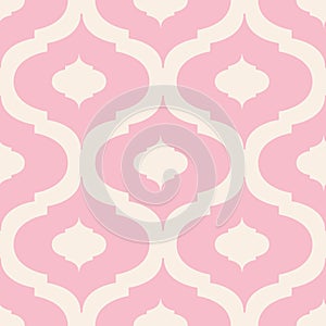 Roman ogee abstract vector seamless pattern background with elongated shapes. Elegant geometric backdrop in pink and